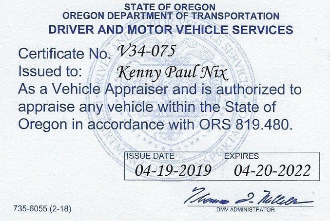 photo of an Oregon Licensed and Certified auto appraiser's license as approved by ODOT to appraise vehicles in Oregon
