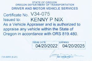Ken Nix's current Oregon Auto Appraisers Certification and License issued by ODOT