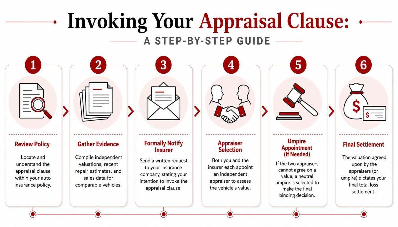 A six-step infographic guide on how to invoke the appraisal clause for a totaled vehicle insurance claim.