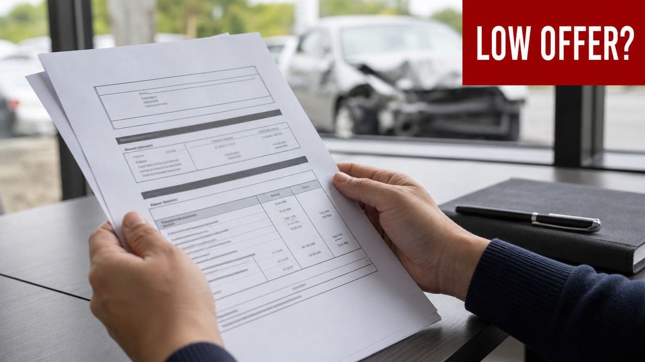 A person reviewing an insurance settlement document for a totaled car at a desk with a pen.