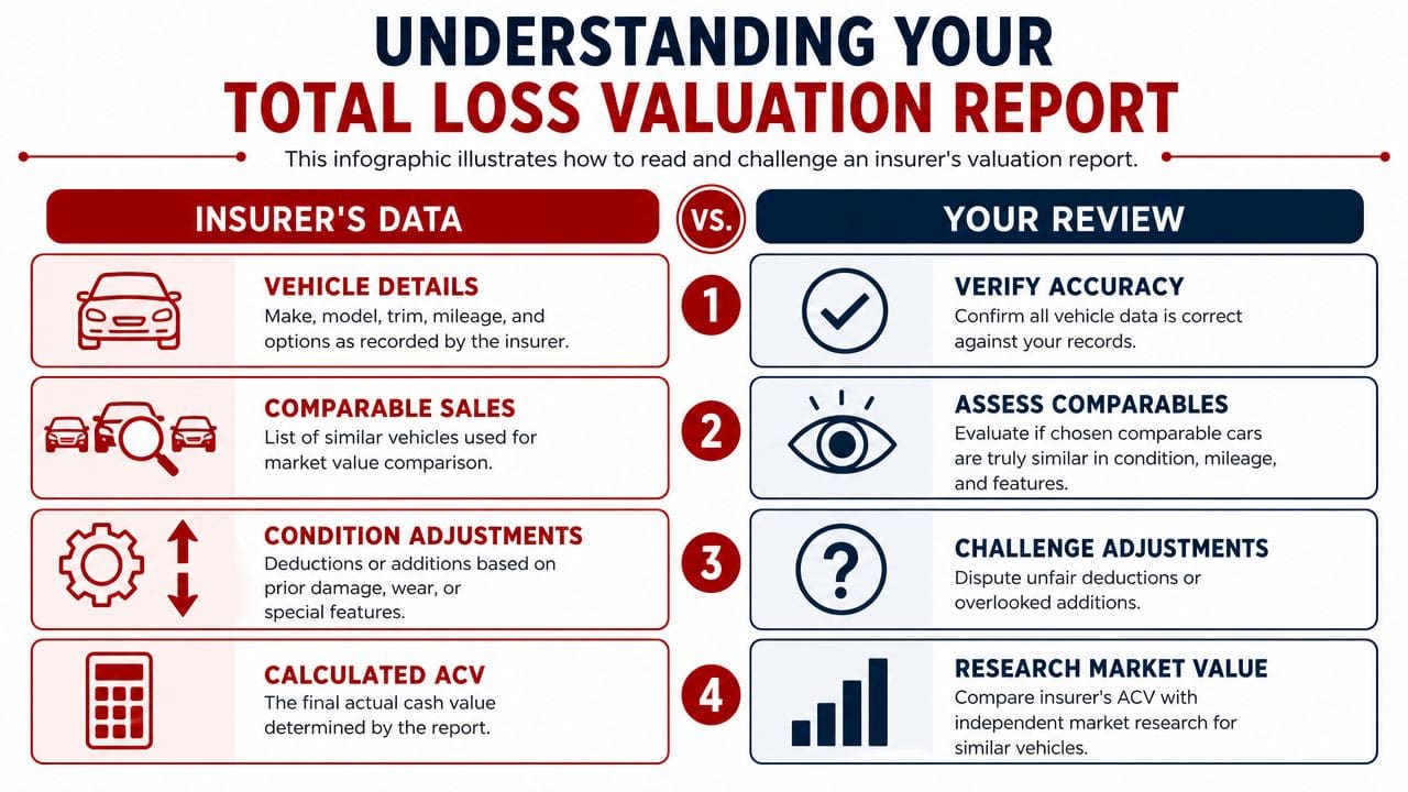 An infographic showing a four-step guide on how to understand and challenge a car insurance total loss report.