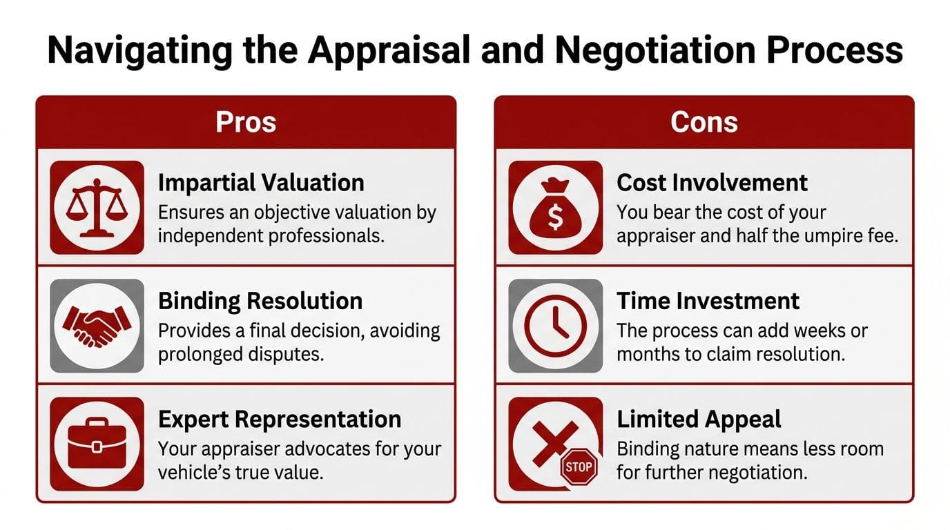 A comparison chart outlining the pros and cons of the insurance appraisal and negotiation process.