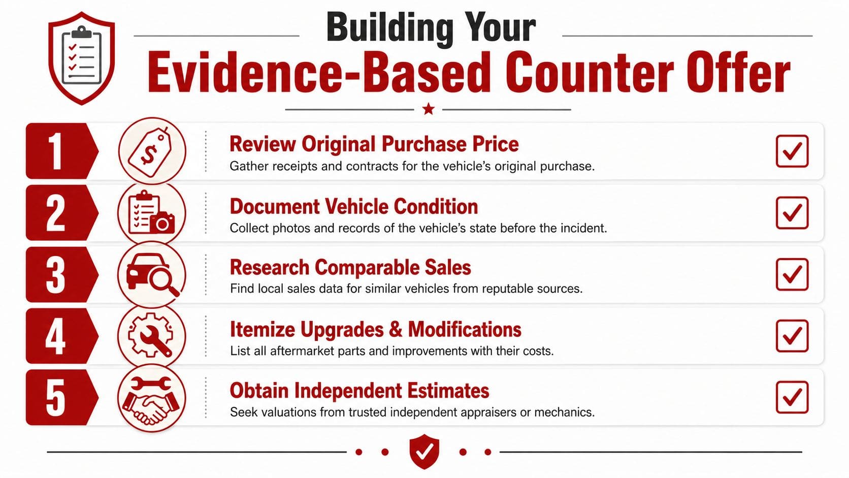 A checklist of five steps to help vehicle owners create an evidence-based counter offer for insurance settlements.