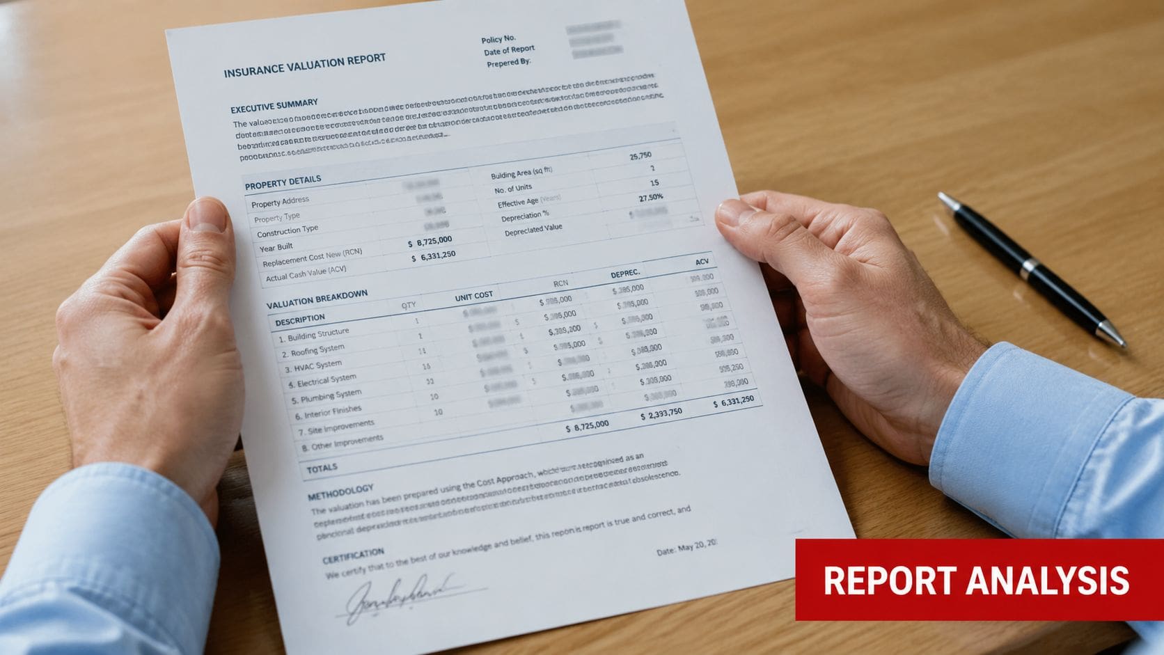 A person holding an insurance valuation report document while reviewing property data and financial assessment figures.