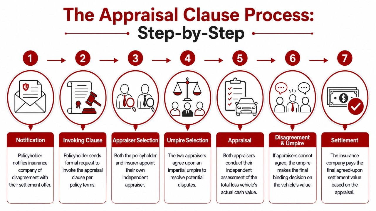 A seven-step flowchart infographic illustrating the insurance appraisal clause process for vehicle total loss claims.