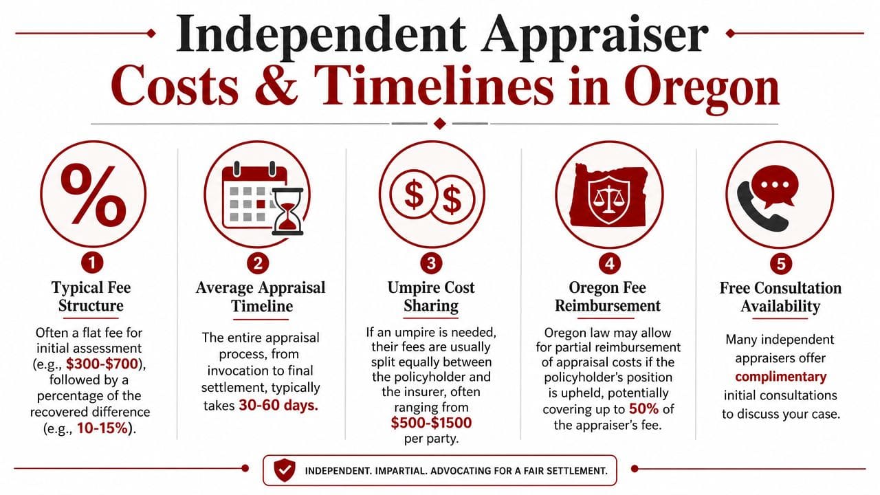 An infographic detailing the typical costs, timelines, and reimbursement rules for independent property appraisers in Oregon.