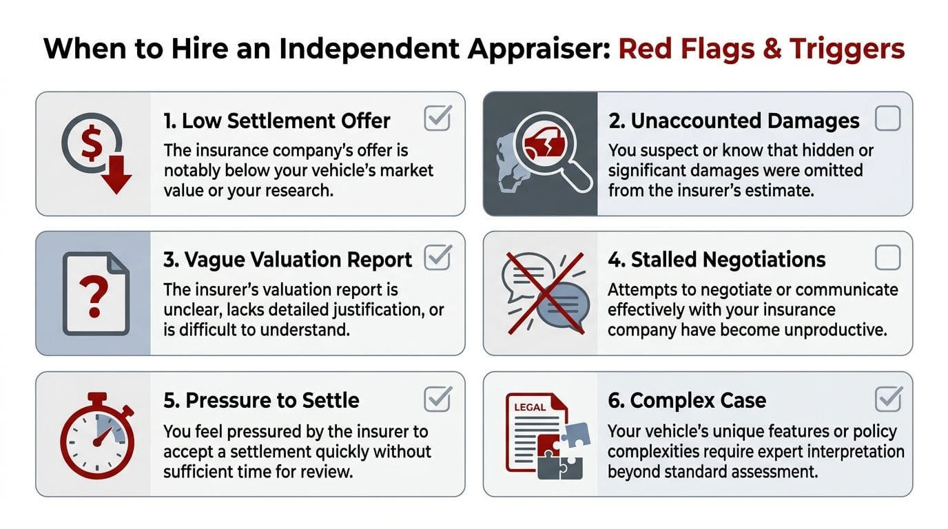 A list of six red flags indicating when to hire an independent total loss appraiser for insurance.