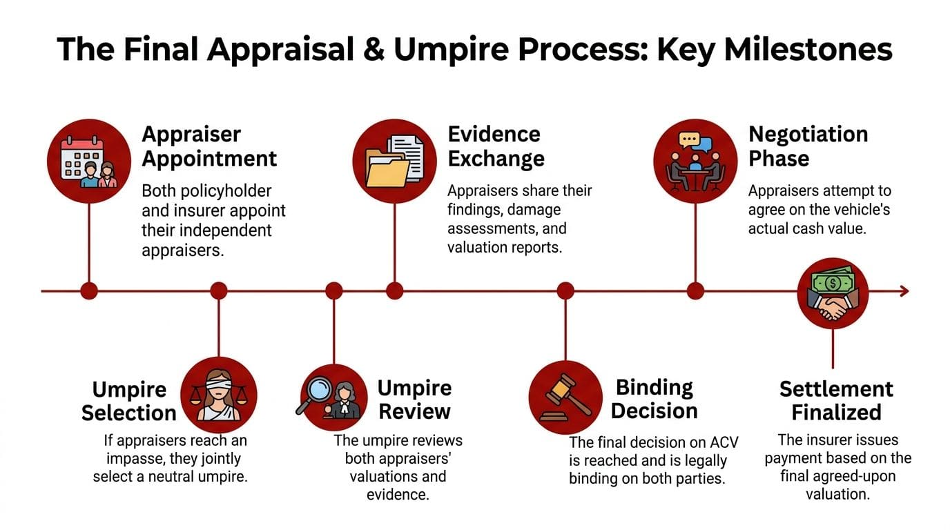 A flowchart infographic titled The Final Appraisal and Umpire Process illustrating key milestones in car insurance disputes.
