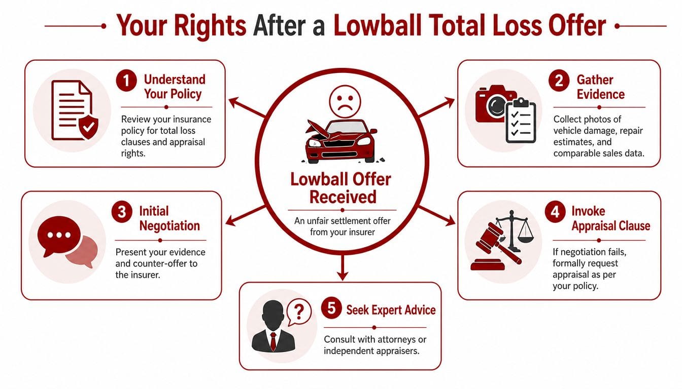 An infographic showing five steps to take after receiving an unfair total loss insurance offer from insurers.