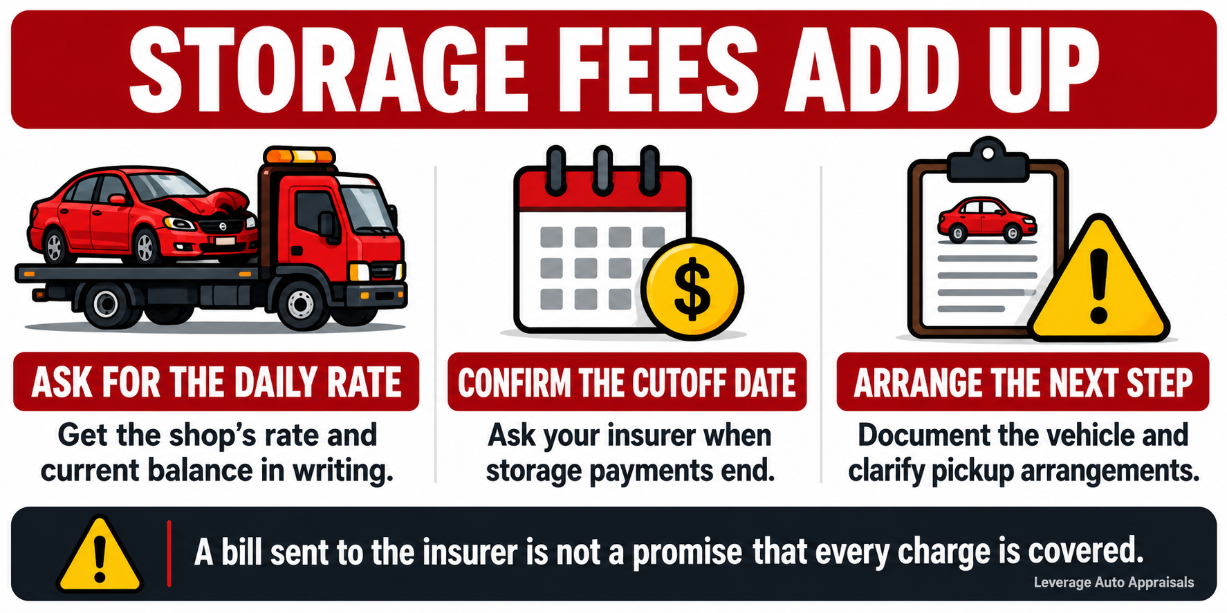 Storage fees add up: get the daily rate in writing, confirm the insurer’s payment cutoff and clarify vehicle pickup. Billing an insurer does not guarantee coverage.